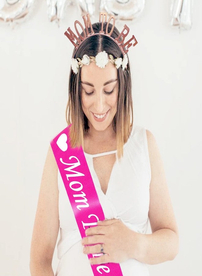 بروبسيكل طقم مكون من قطعتين: وشاح وردي وتاج ذهبي وردي للأم الحامل، مصنوع من الساتان، بتصميم مستوحى من حفلات استقبال المولود الجديد. مثالي لجلسات تصوير الحمل. - Image 3